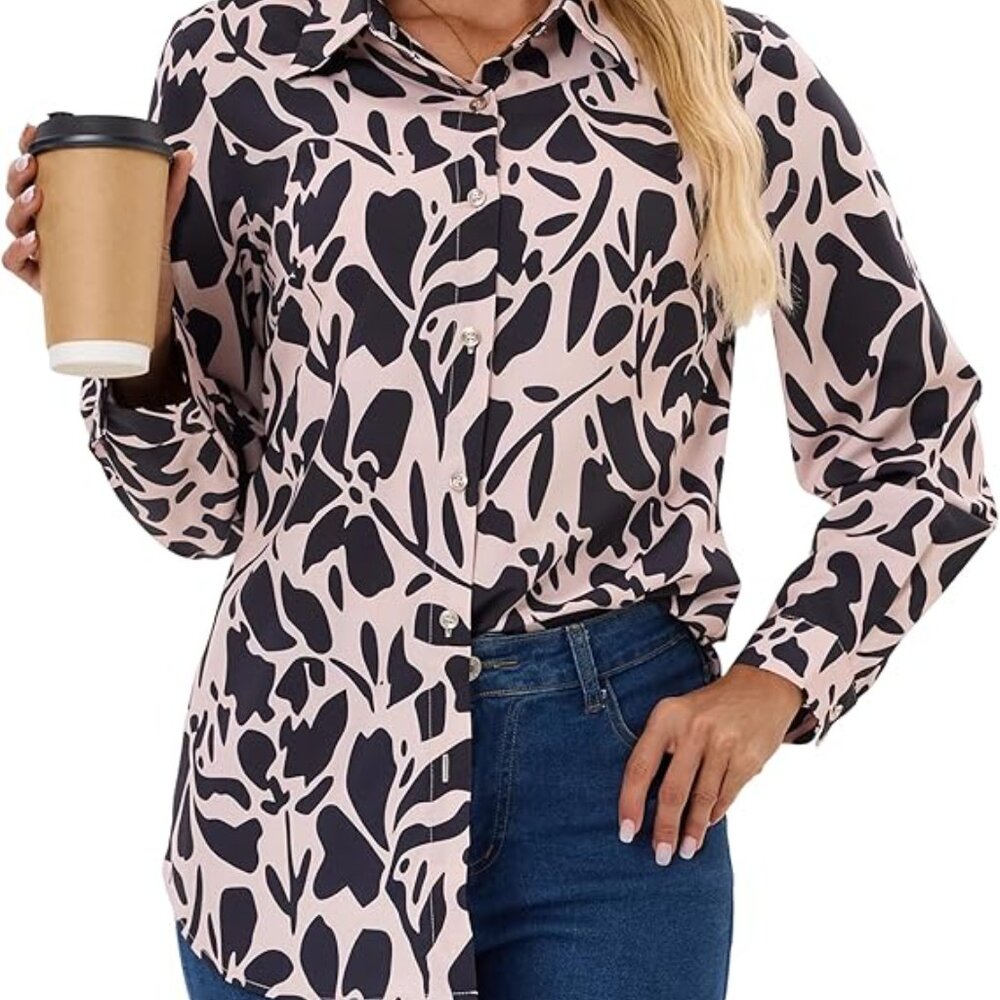 Button Down Long-Sleeve Shirt Black Floral Size Small
